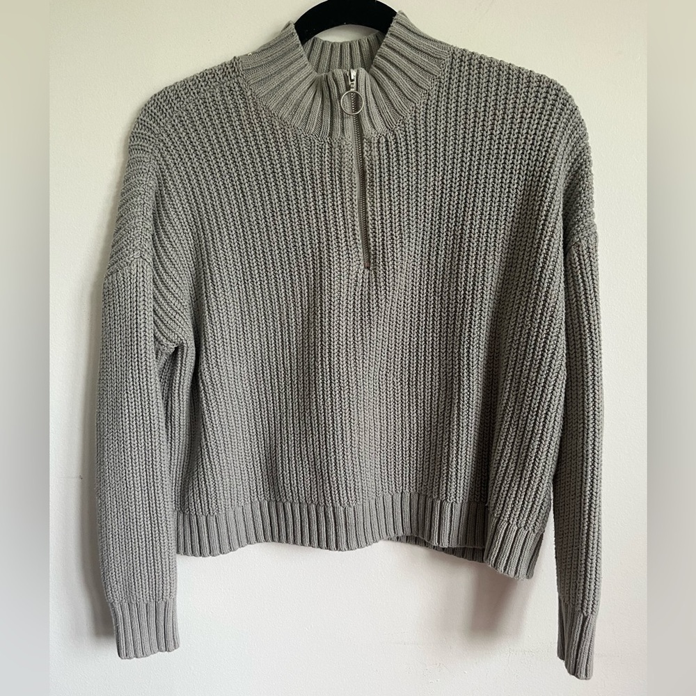 Hollister Half Zip Knit Boxy Relaxed Long Sleeve Sweater - Gray - S Small